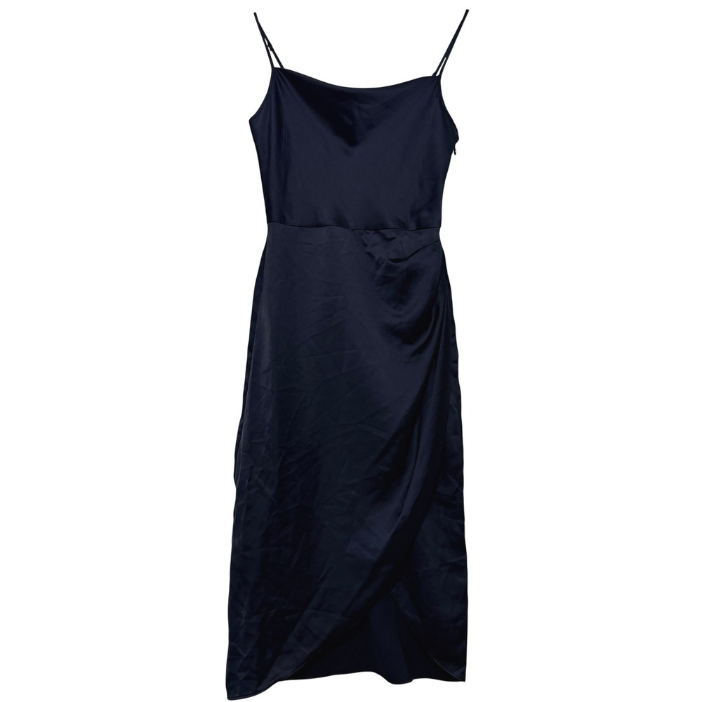 Open Edit Black Satin Slip Midi Dress Strap Women XS Surplice Babydoll